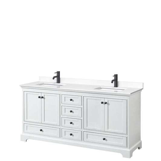 Wyndham Collection Deborah 72" Double Bathroom Vanity in White, White Cultured Marble Countertop, Undermount Square Sinks, Matte Black Trim