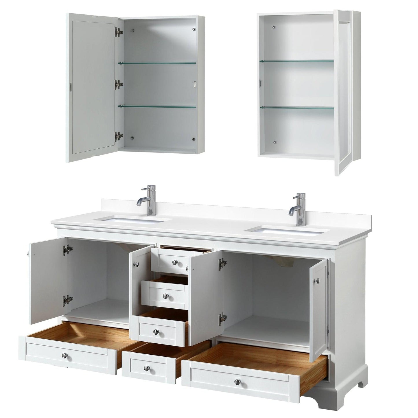 Wyndham Collection Deborah 72" Double Bathroom Vanity in White, White Cultured Marble Countertop, Undermount Square Sinks, Medicine Cabinet