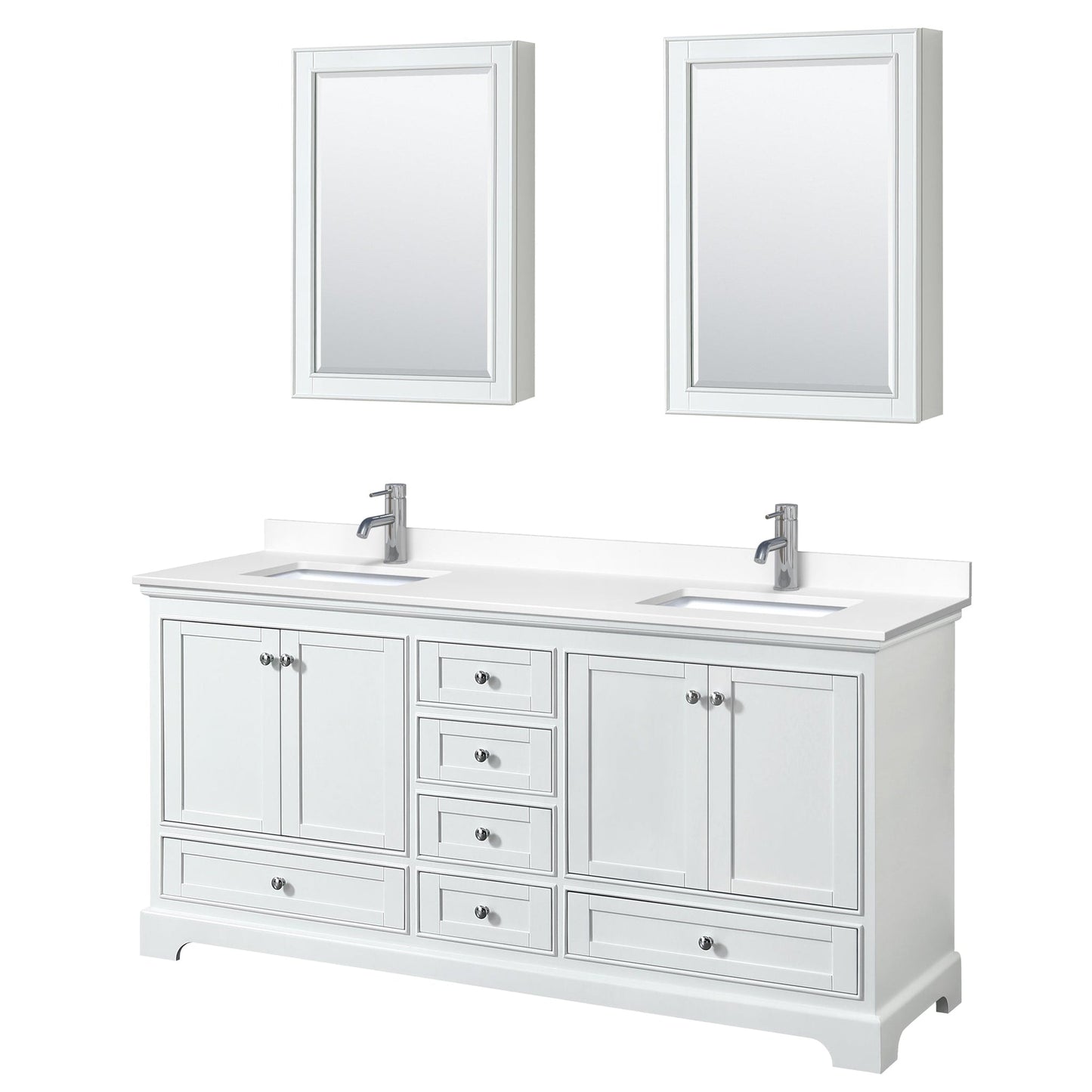 Wyndham Collection Deborah 72" Double Bathroom Vanity in White, White Cultured Marble Countertop, Undermount Square Sinks, Medicine Cabinet