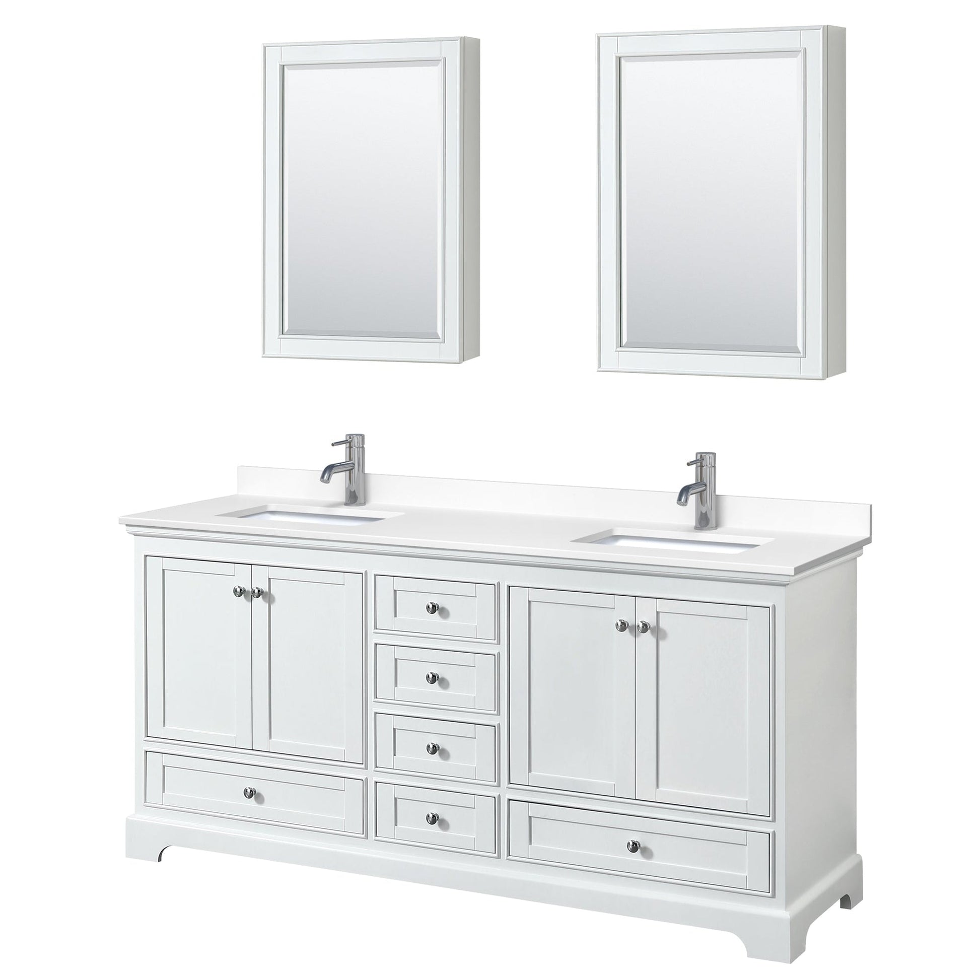 Wyndham Collection Deborah 72" Double Bathroom Vanity in White, White Cultured Marble Countertop, Undermount Square Sinks, Medicine Cabinet