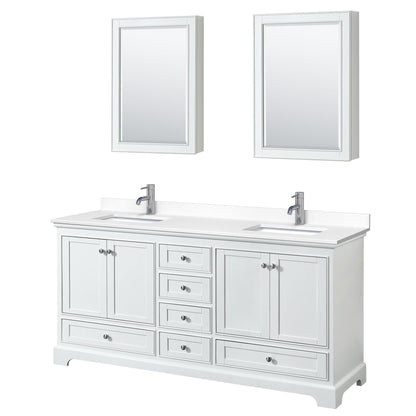 Wyndham Collection Deborah 72" Double Bathroom Vanity in White, White Cultured Marble Countertop, Undermount Square Sinks, Medicine Cabinet