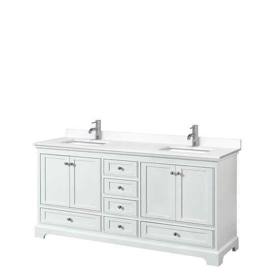 Wyndham Collection Deborah 72" Double Bathroom Vanity in White, White Cultured Marble Countertop, Undermount Square Sinks, No Mirror