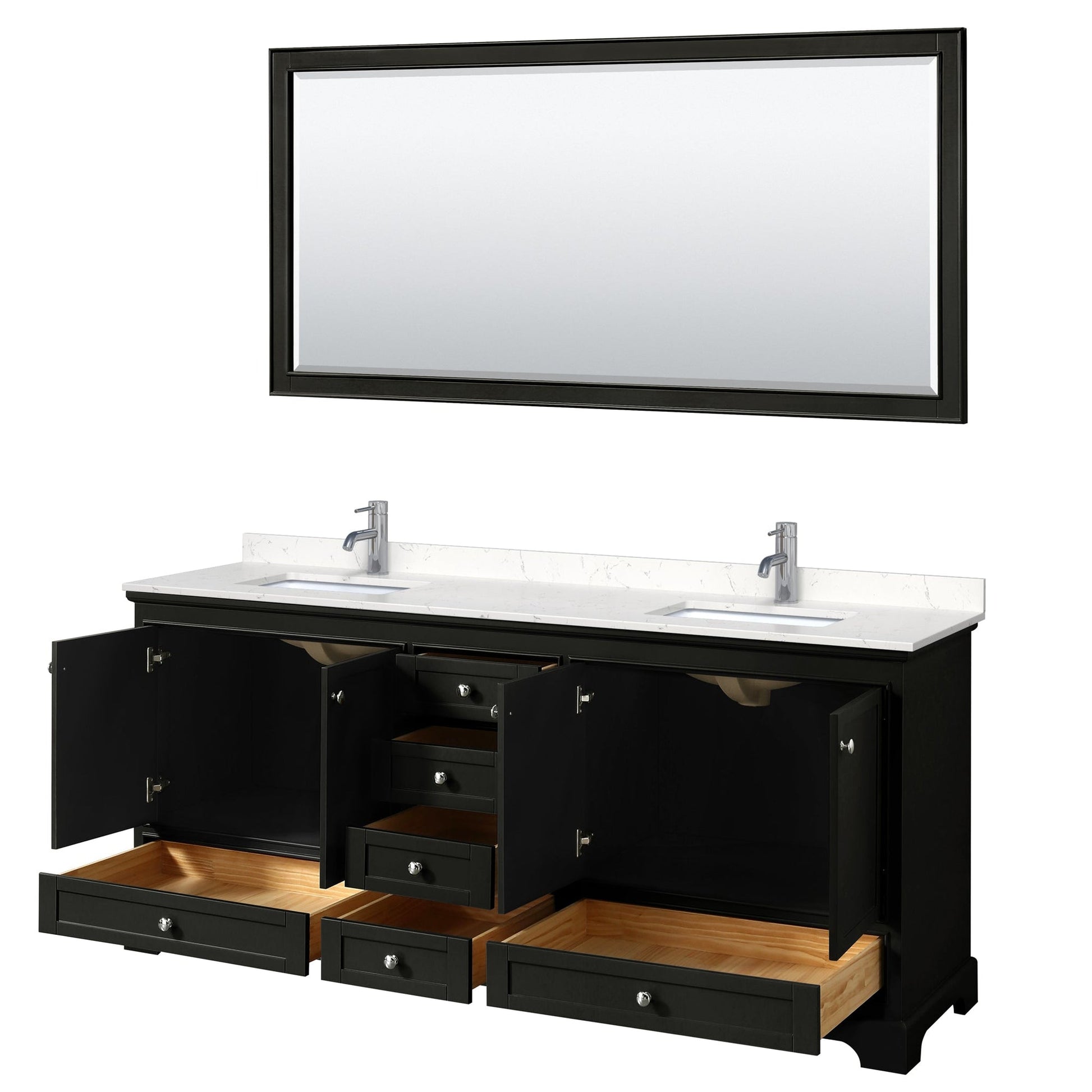 Wyndham Collection Deborah 80" Double Bathroom Vanity in Dark Espresso, Light-Vein Carrara Cultured Marble Countertop, Undermount Square Sinks, 70" Mirror