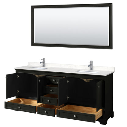 Wyndham Collection Deborah 80" Double Bathroom Vanity in Dark Espresso, Light-Vein Carrara Cultured Marble Countertop, Undermount Square Sinks, 70" Mirror