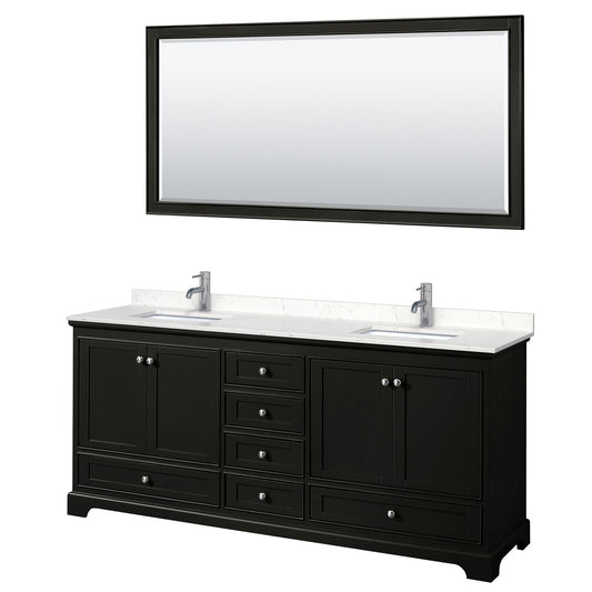 Wyndham Collection Deborah 80" Double Bathroom Vanity in Dark Espresso, Light-Vein Carrara Cultured Marble Countertop, Undermount Square Sinks, 70" Mirror