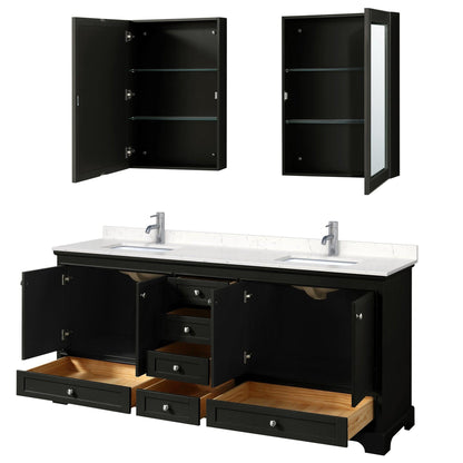 Wyndham Collection Deborah 80" Double Bathroom Vanity in Dark Espresso, Light-Vein Carrara Cultured Marble Countertop, Undermount Square Sinks, Medicine Cabinet