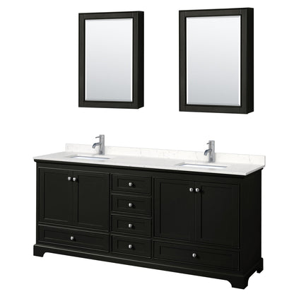Wyndham Collection Deborah 80" Double Bathroom Vanity in Dark Espresso, Light-Vein Carrara Cultured Marble Countertop, Undermount Square Sinks, Medicine Cabinet