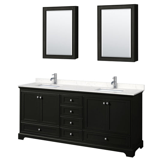 Wyndham Collection Deborah 80" Double Bathroom Vanity in Dark Espresso, Light-Vein Carrara Cultured Marble Countertop, Undermount Square Sinks, Medicine Cabinet