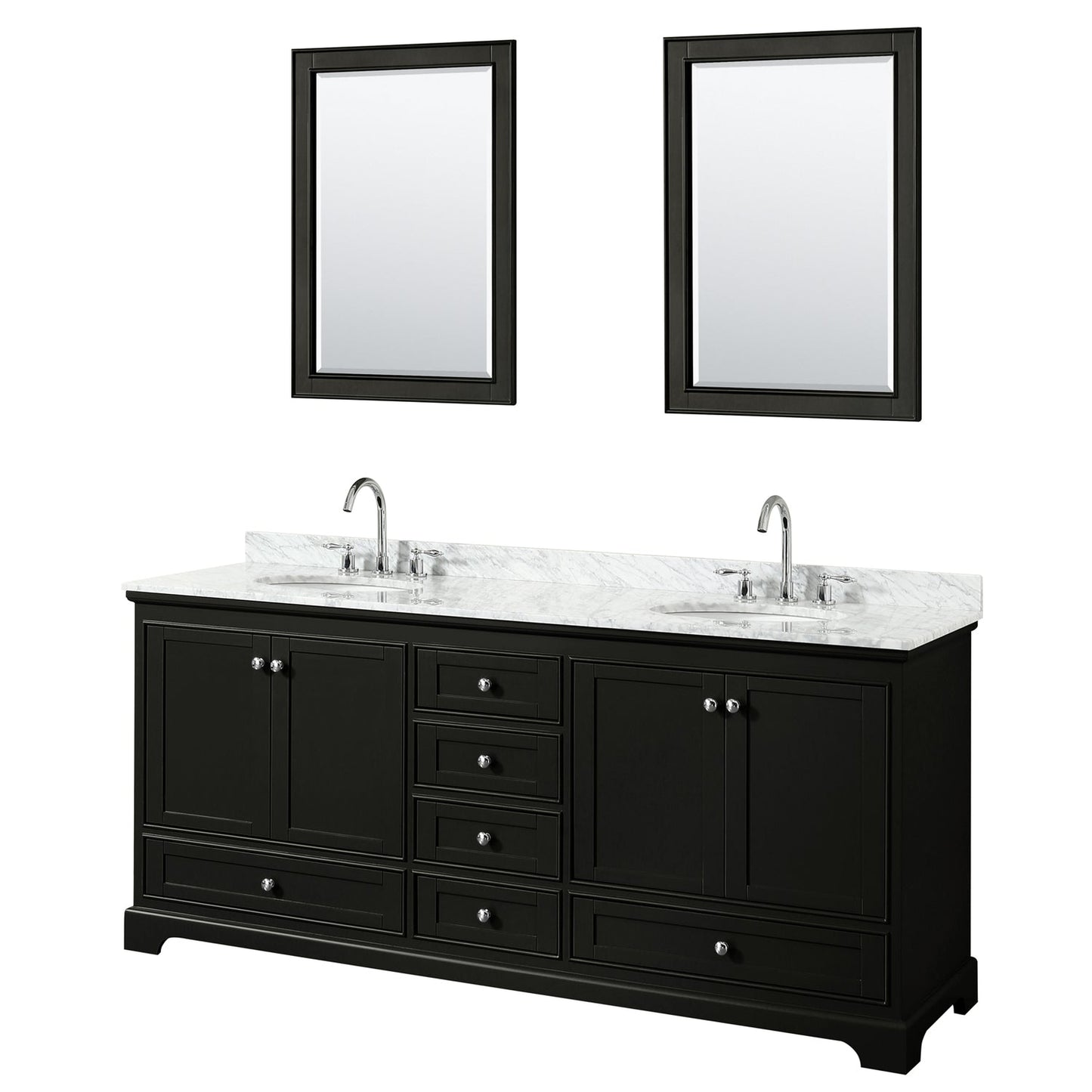 Wyndham Collection Deborah 80" Double Bathroom Vanity in Dark Espresso, White Carrara Marble Countertop, Undermount Oval Sinks, and 24" Mirror