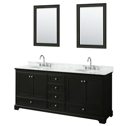 Wyndham Collection Deborah 80" Double Bathroom Vanity in Dark Espresso, White Carrara Marble Countertop, Undermount Oval Sinks, and 24" Mirror