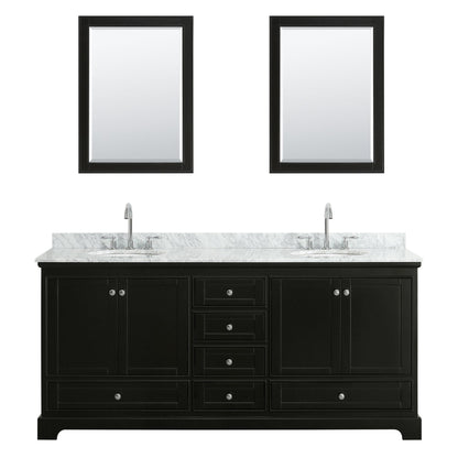 Wyndham Collection Deborah 80" Double Bathroom Vanity in Dark Espresso, White Carrara Marble Countertop, Undermount Oval Sinks, and 24" Mirror