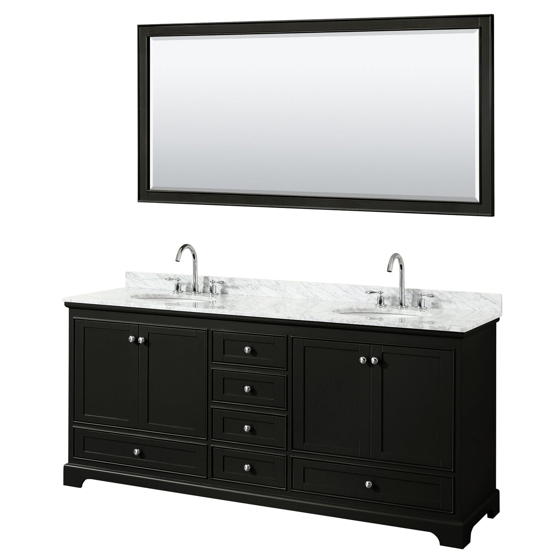 Wyndham Collection Deborah 80" Double Bathroom Vanity in Dark Espresso, White Carrara Marble Countertop, Undermount Oval Sinks, and 70" Mirror