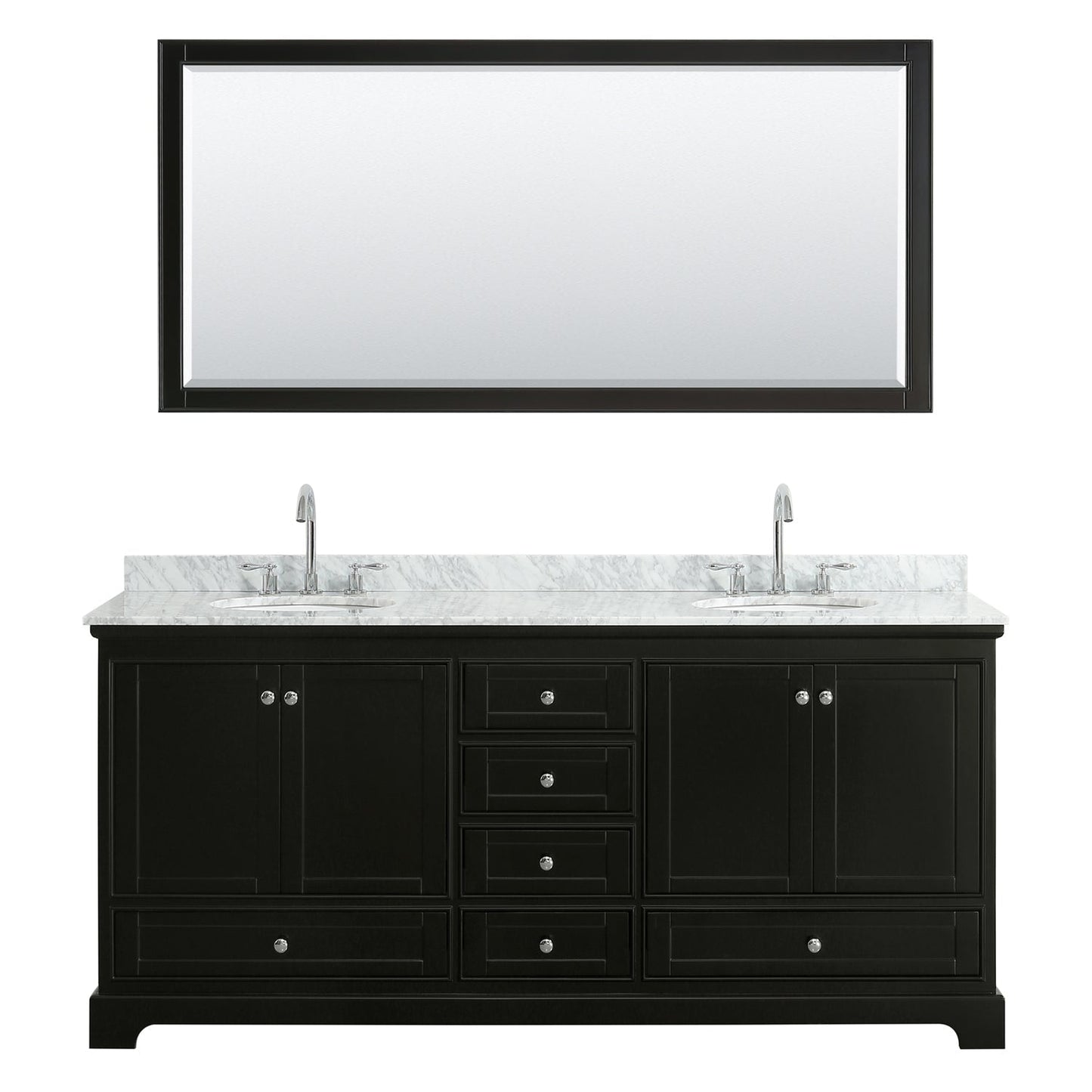 Wyndham Collection Deborah 80" Double Bathroom Vanity in Dark Espresso, White Carrara Marble Countertop, Undermount Oval Sinks, and 70" Mirror