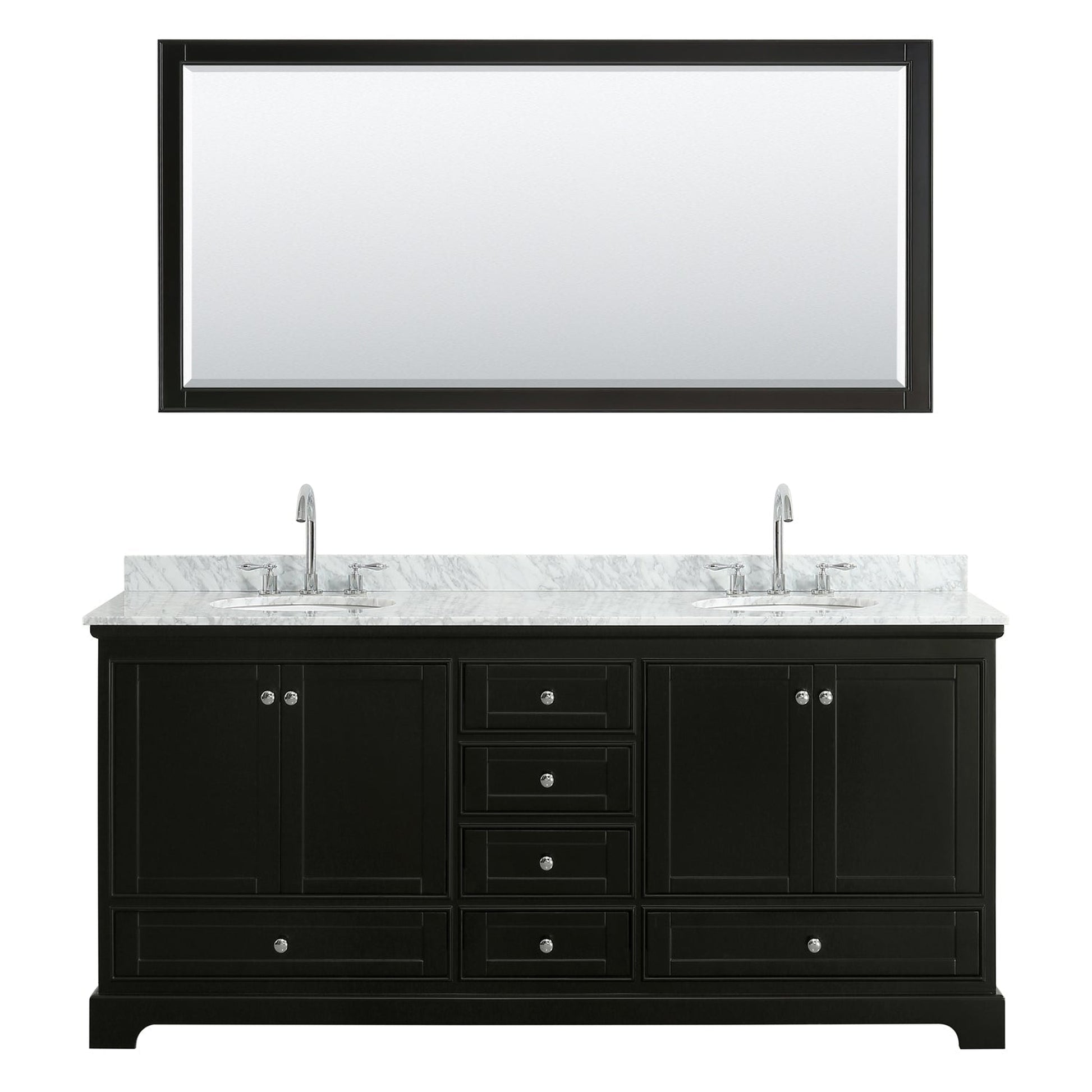 Wyndham Collection Deborah 80" Double Bathroom Vanity in Dark Espresso, White Carrara Marble Countertop, Undermount Oval Sinks, and 70" Mirror