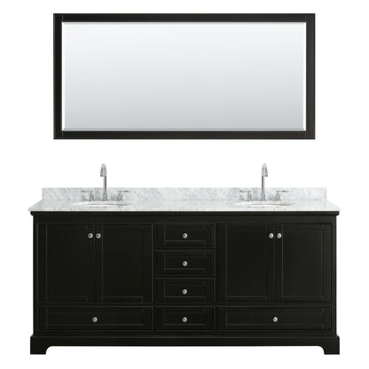 Wyndham Collection Deborah 80" Double Bathroom Vanity in Dark Espresso, White Carrara Marble Countertop, Undermount Oval Sinks, and 70" Mirror