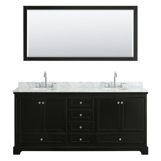 Wyndham Collection Deborah 80" Double Bathroom Vanity in Dark Espresso, White Carrara Marble Countertop, Undermount Oval Sinks, and 70" Mirror