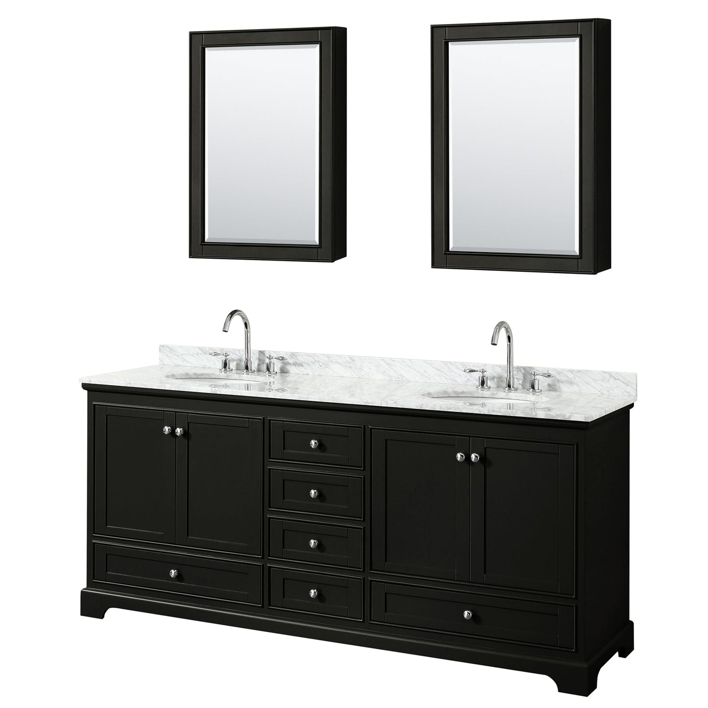 Wyndham Collection Deborah 80" Double Bathroom Vanity in Dark Espresso, White Carrara Marble Countertop, Undermount Oval Sinks, and Medicine Cabinet