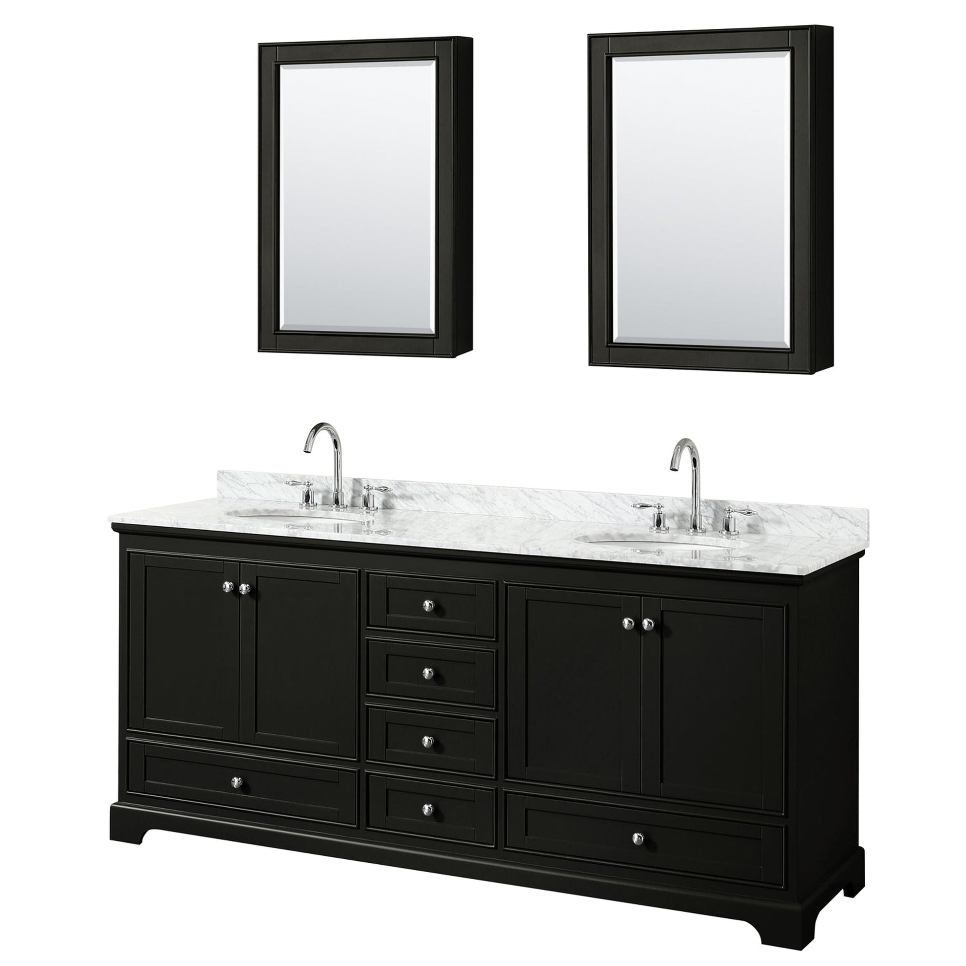 Wyndham Collection Deborah 80" Double Bathroom Vanity in Dark Espresso, White Carrara Marble Countertop, Undermount Oval Sinks, and Medicine Cabinet