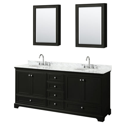 Wyndham Collection Deborah 80" Double Bathroom Vanity in Dark Espresso, White Carrara Marble Countertop, Undermount Oval Sinks, and Medicine Cabinet