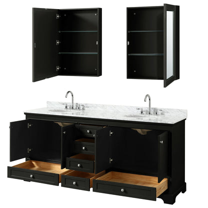 Wyndham Collection Deborah 80" Double Bathroom Vanity in Dark Espresso, White Carrara Marble Countertop, Undermount Oval Sinks, and Medicine Cabinet