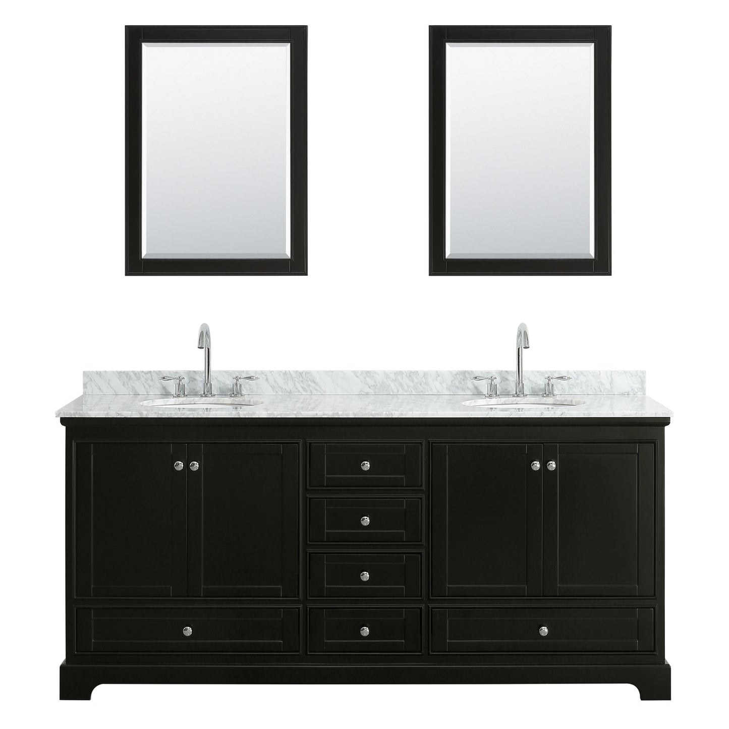 Wyndham Collection Deborah 80" Double Bathroom Vanity in Dark Espresso, White Carrara Marble Countertop, Undermount Oval Sinks, and Medicine Cabinet
