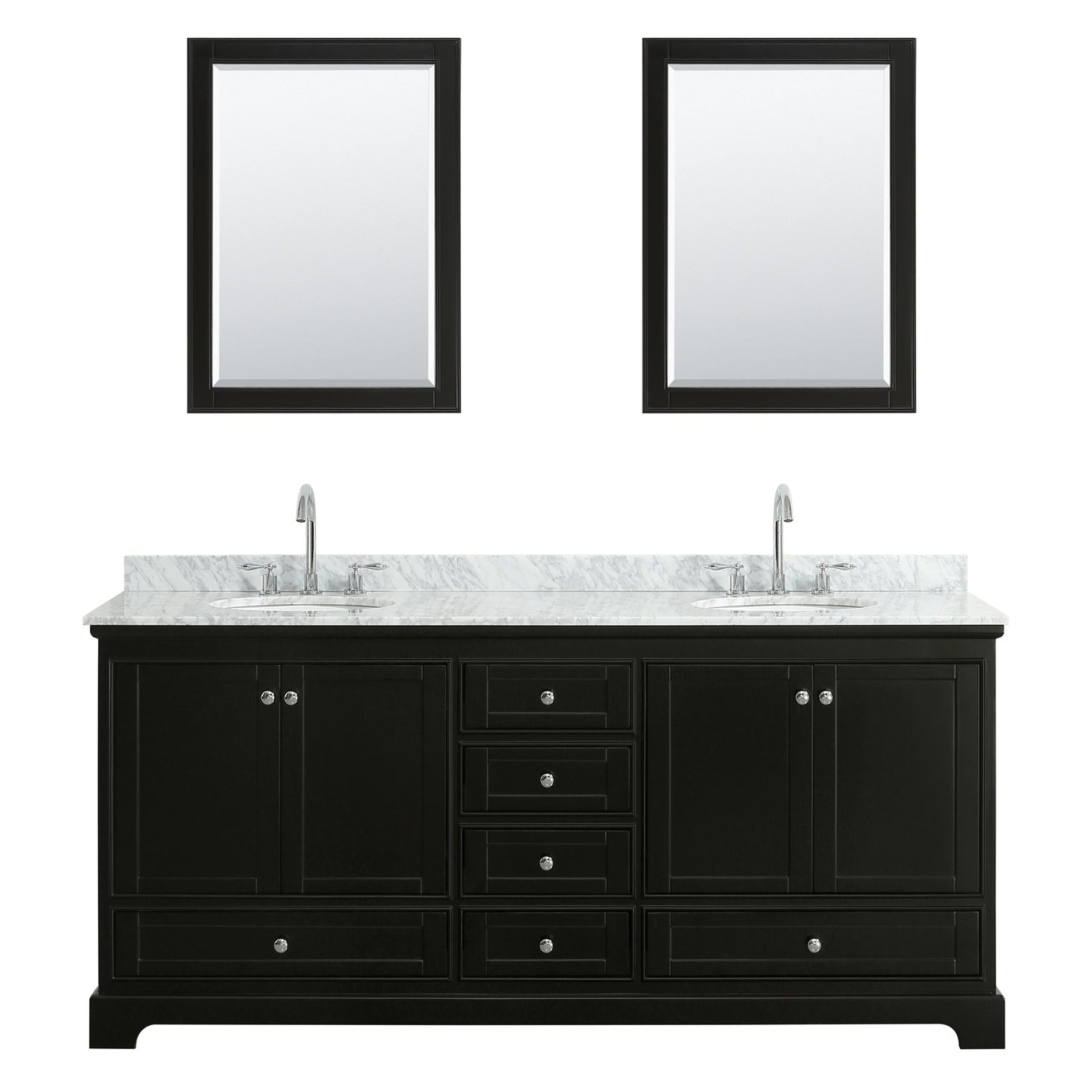 Wyndham Collection Deborah 80" Double Bathroom Vanity in Dark Espresso, White Carrara Marble Countertop, Undermount Oval Sinks, and Medicine Cabinet