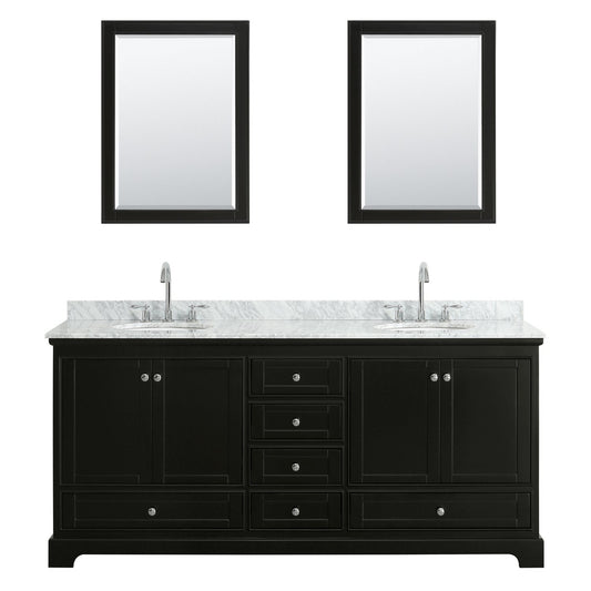 Wyndham Collection Deborah 80" Double Bathroom Vanity in Dark Espresso, White Carrara Marble Countertop, Undermount Oval Sinks, and Medicine Cabinet