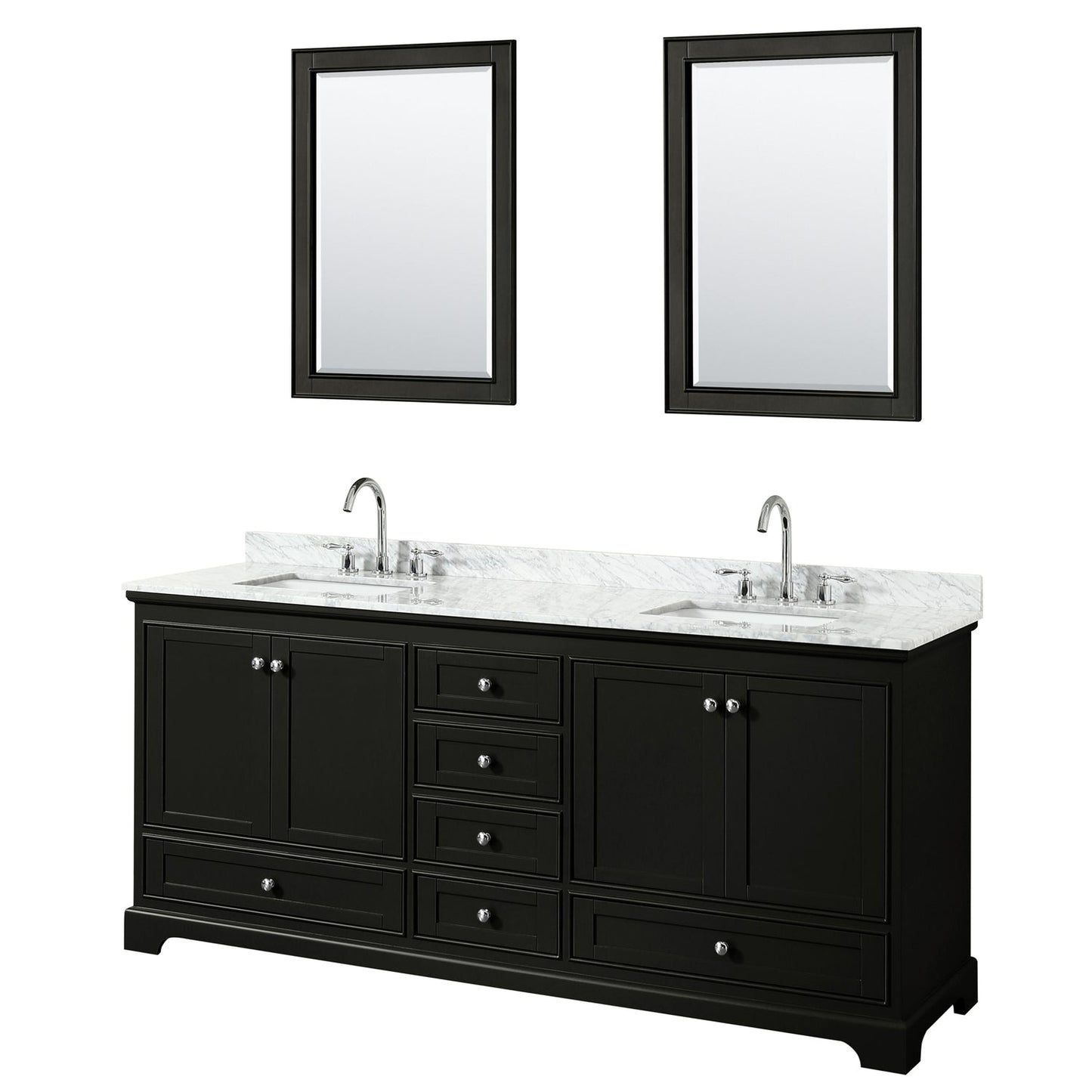 Wyndham Collection Deborah 80" Double Bathroom Vanity in Dark Espresso, White Carrara Marble Countertop, Undermount Square Sinks, and 24" Mirror