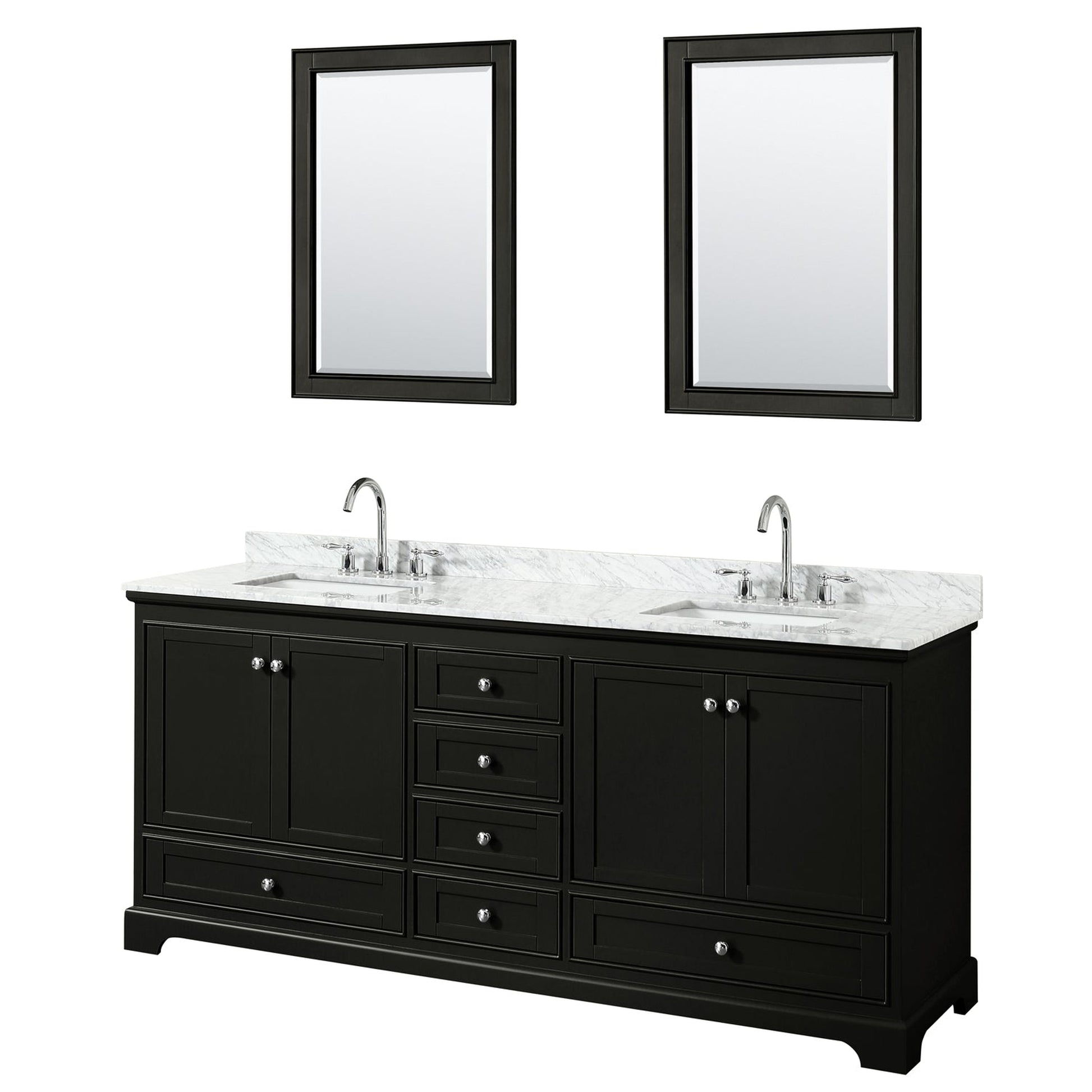 Wyndham Collection Deborah 80" Double Bathroom Vanity in Dark Espresso, White Carrara Marble Countertop, Undermount Square Sinks, and 24" Mirror