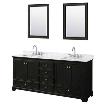 Wyndham Collection Deborah 80" Double Bathroom Vanity in Dark Espresso, White Carrara Marble Countertop, Undermount Square Sinks, and 24" Mirror
