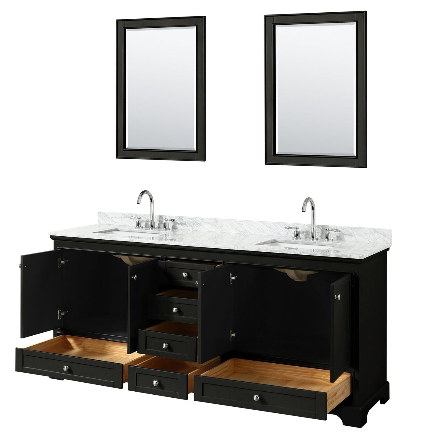 Wyndham Collection Deborah 80" Double Bathroom Vanity in Dark Espresso, White Carrara Marble Countertop, Undermount Square Sinks, and 24" Mirror