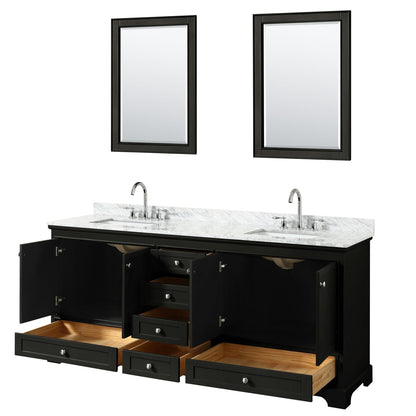 Wyndham Collection Deborah 80" Double Bathroom Vanity in Dark Espresso, White Carrara Marble Countertop, Undermount Square Sinks, and 24" Mirror