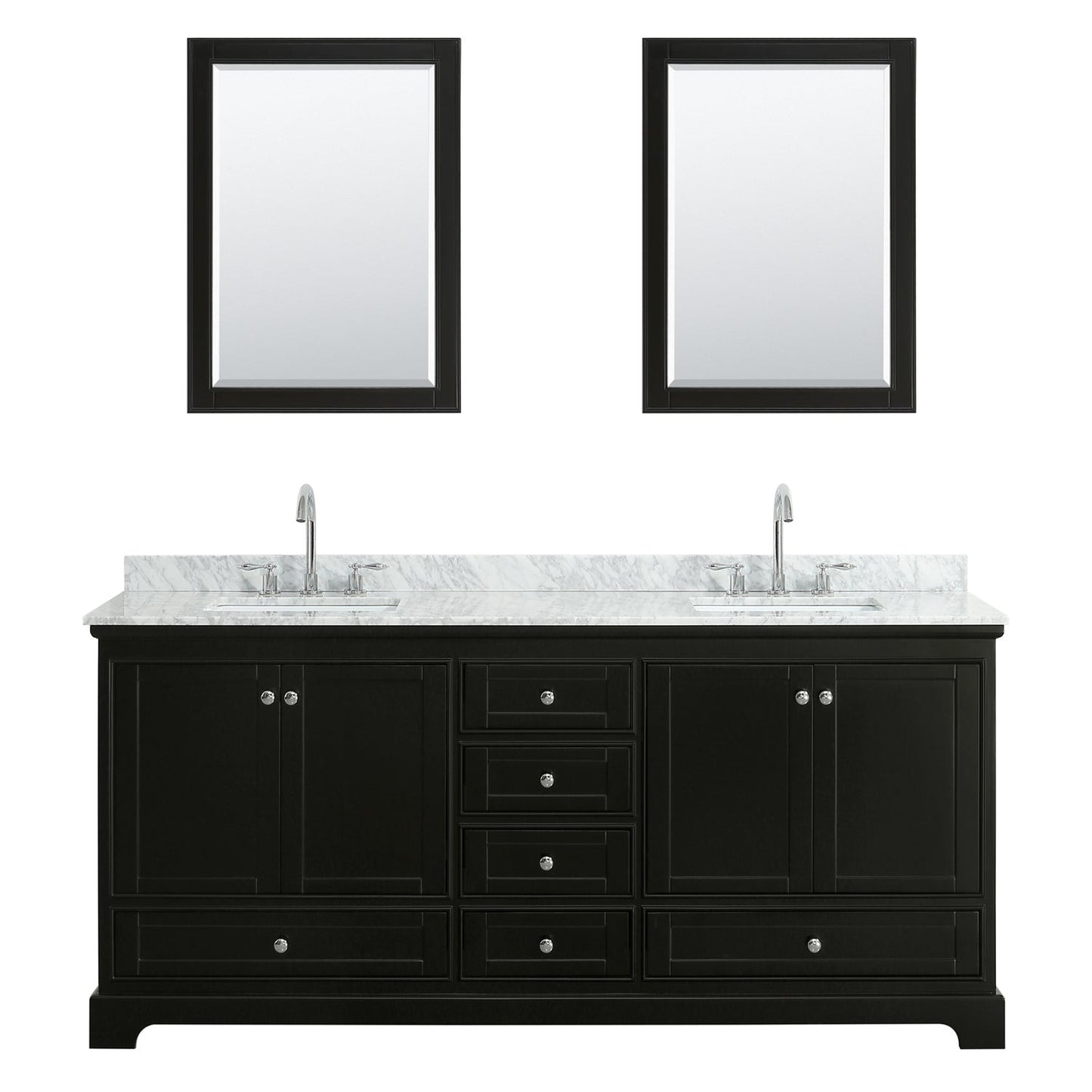 Wyndham Collection Deborah 80" Double Bathroom Vanity in Dark Espresso, White Carrara Marble Countertop, Undermount Square Sinks, and 24" Mirror