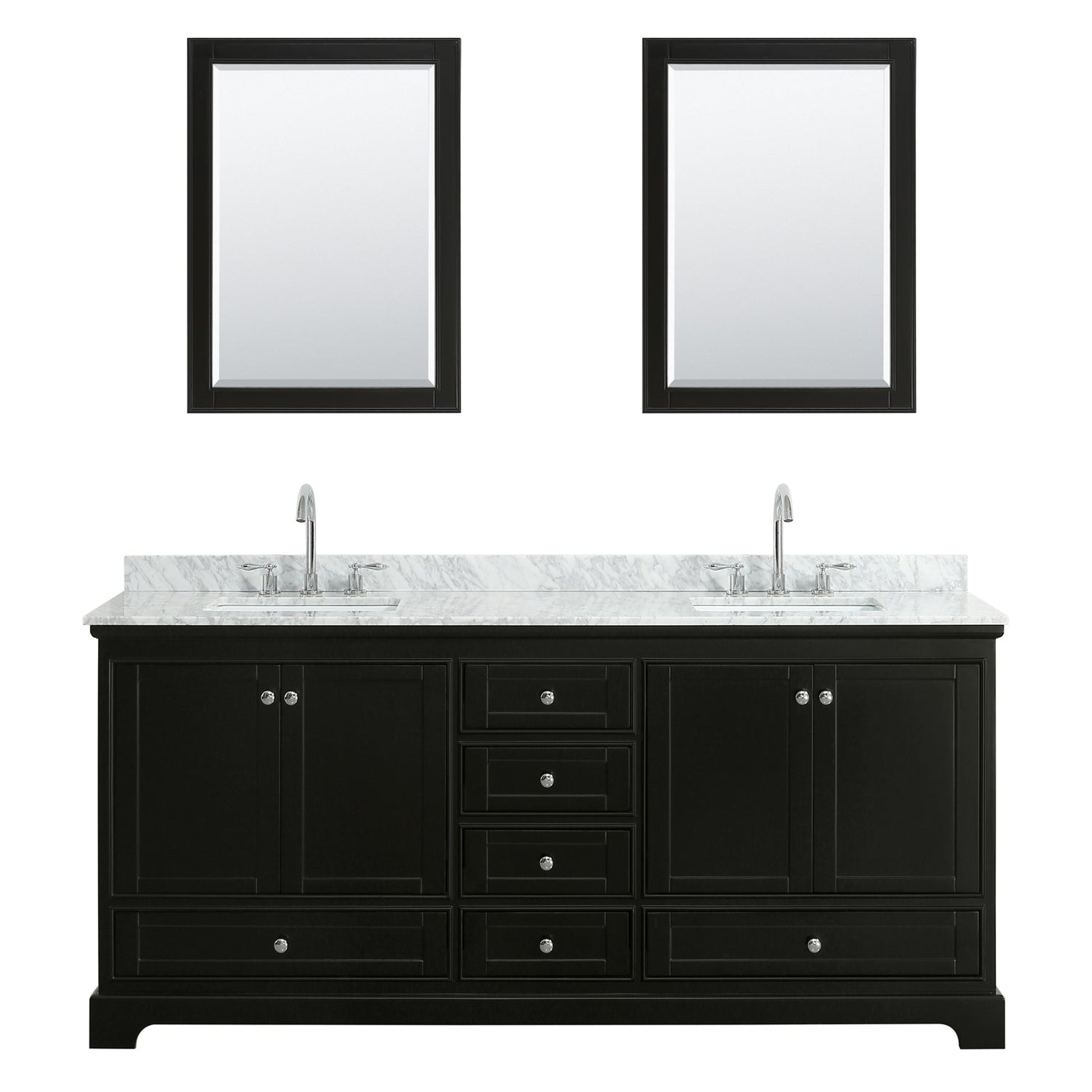 Wyndham Collection Deborah 80" Double Bathroom Vanity in Dark Espresso, White Carrara Marble Countertop, Undermount Square Sinks, and 24" Mirror