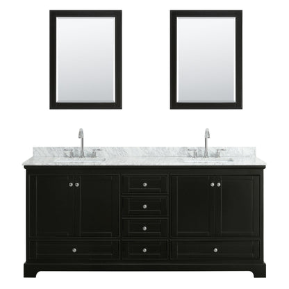 Wyndham Collection Deborah 80" Double Bathroom Vanity in Dark Espresso, White Carrara Marble Countertop, Undermount Square Sinks, and 24" Mirror