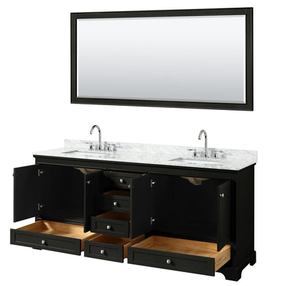 Wyndham Collection Deborah 80" Double Bathroom Vanity in Dark Espresso, White Carrara Marble Countertop, Undermount Square Sinks, and 70" Mirror
