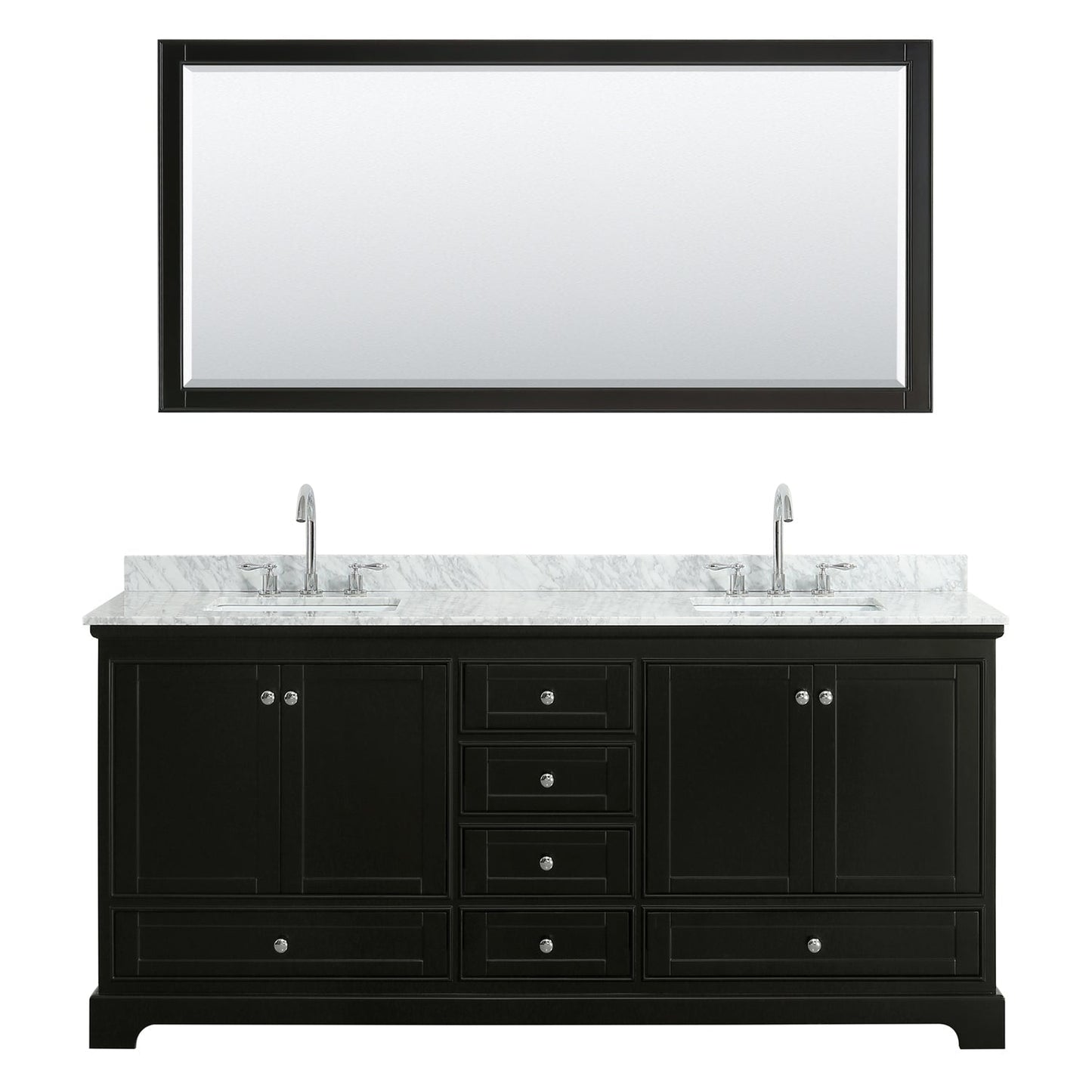 Wyndham Collection Deborah 80" Double Bathroom Vanity in Dark Espresso, White Carrara Marble Countertop, Undermount Square Sinks, and 70" Mirror