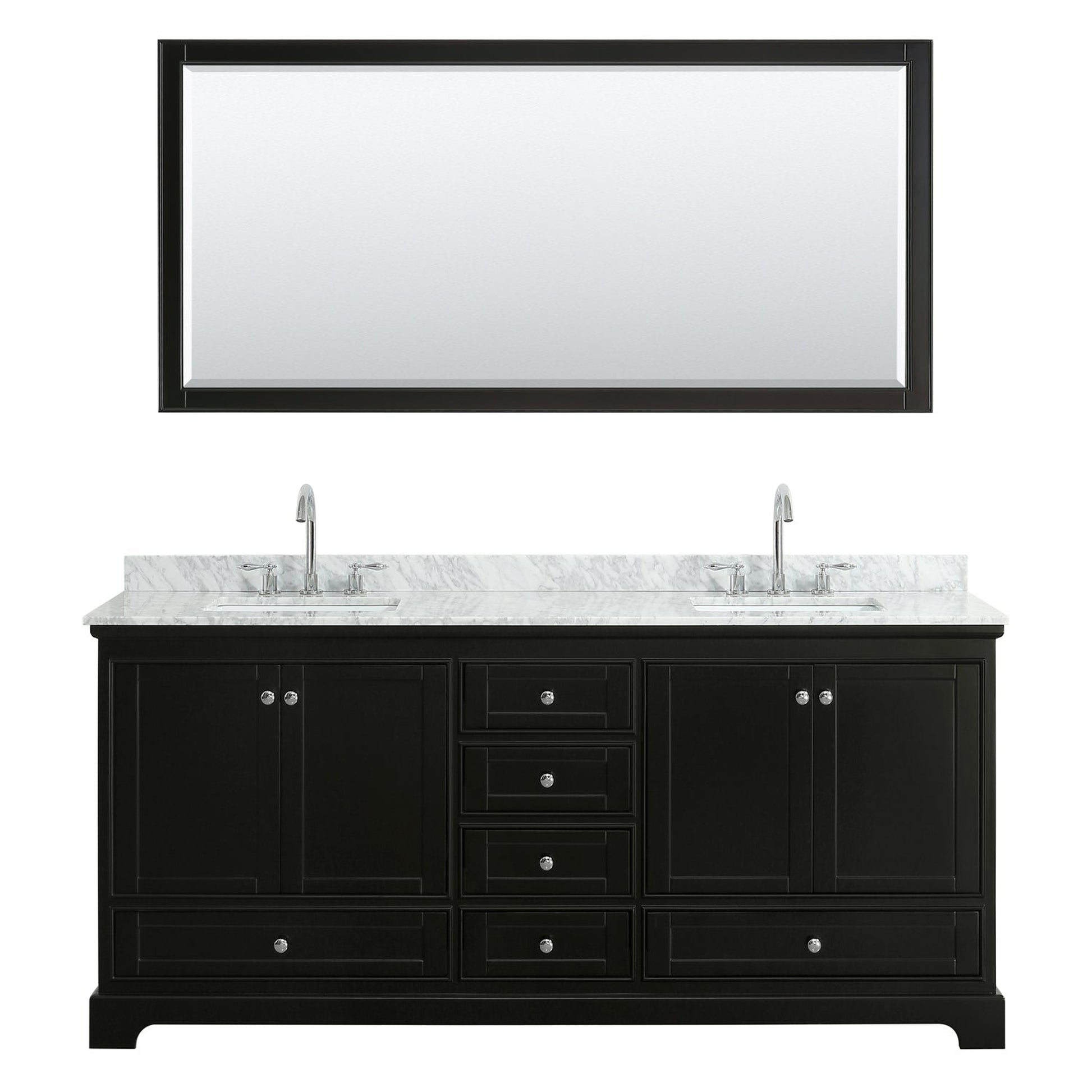 Wyndham Collection Deborah 80" Double Bathroom Vanity in Dark Espresso, White Carrara Marble Countertop, Undermount Square Sinks, and 70" Mirror