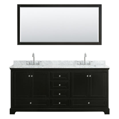Wyndham Collection Deborah 80" Double Bathroom Vanity in Dark Espresso, White Carrara Marble Countertop, Undermount Square Sinks, and 70" Mirror