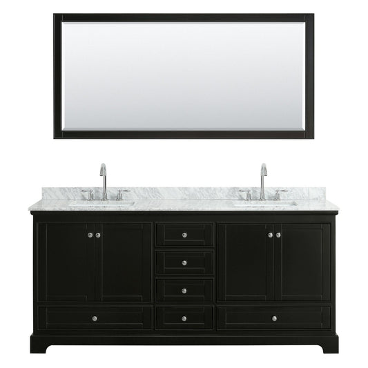 Wyndham Collection Deborah 80" Double Bathroom Vanity in Dark Espresso, White Carrara Marble Countertop, Undermount Square Sinks, and 70" Mirror