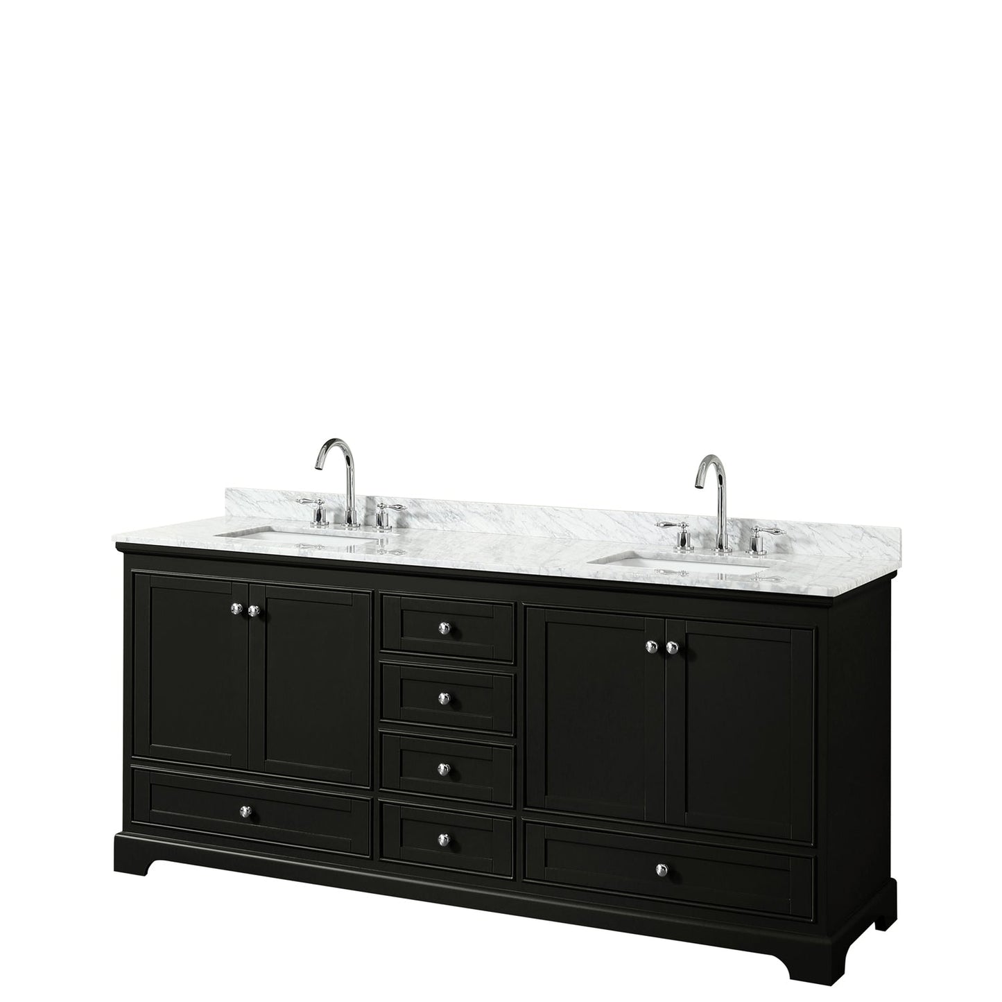 Wyndham Collection Deborah 80" Double Bathroom Vanity in Dark Espresso, White Carrara Marble Countertop, Undermount Square Sinks, and No Mirror