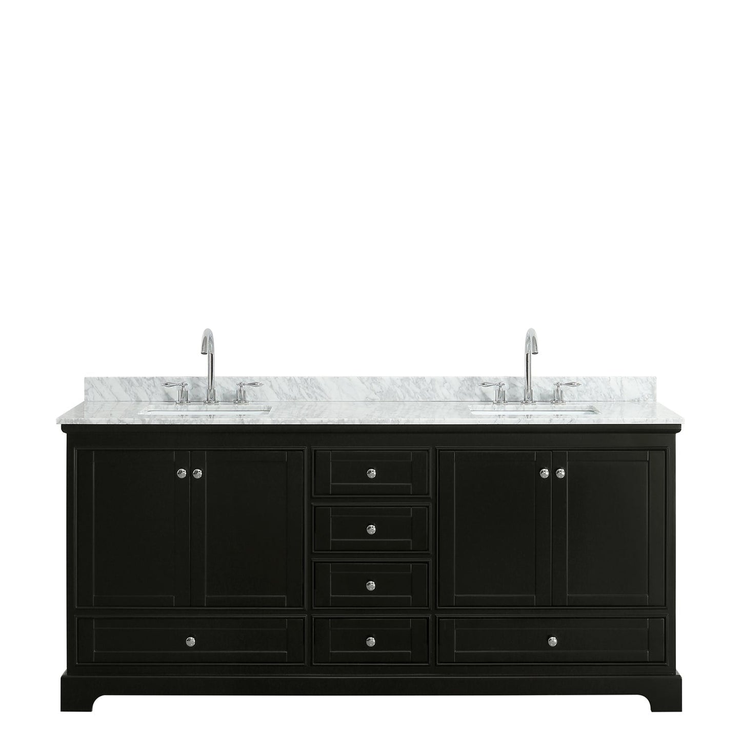 Wyndham Collection Deborah 80" Double Bathroom Vanity in Dark Espresso, White Carrara Marble Countertop, Undermount Square Sinks, and No Mirror