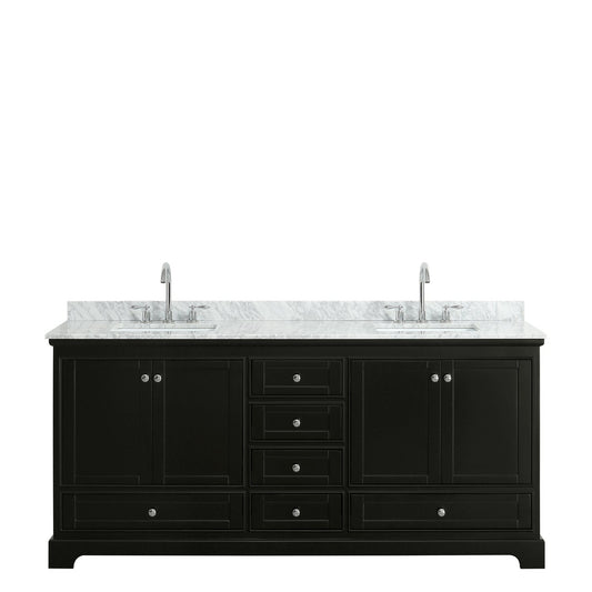 Wyndham Collection Deborah 80" Double Bathroom Vanity in Dark Espresso, White Carrara Marble Countertop, Undermount Square Sinks, and No Mirror