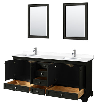 Wyndham Collection Deborah 80" Double Bathroom Vanity in Dark Espresso, White Cultured Marble Countertop, Undermount Square Sinks, 24" Mirror