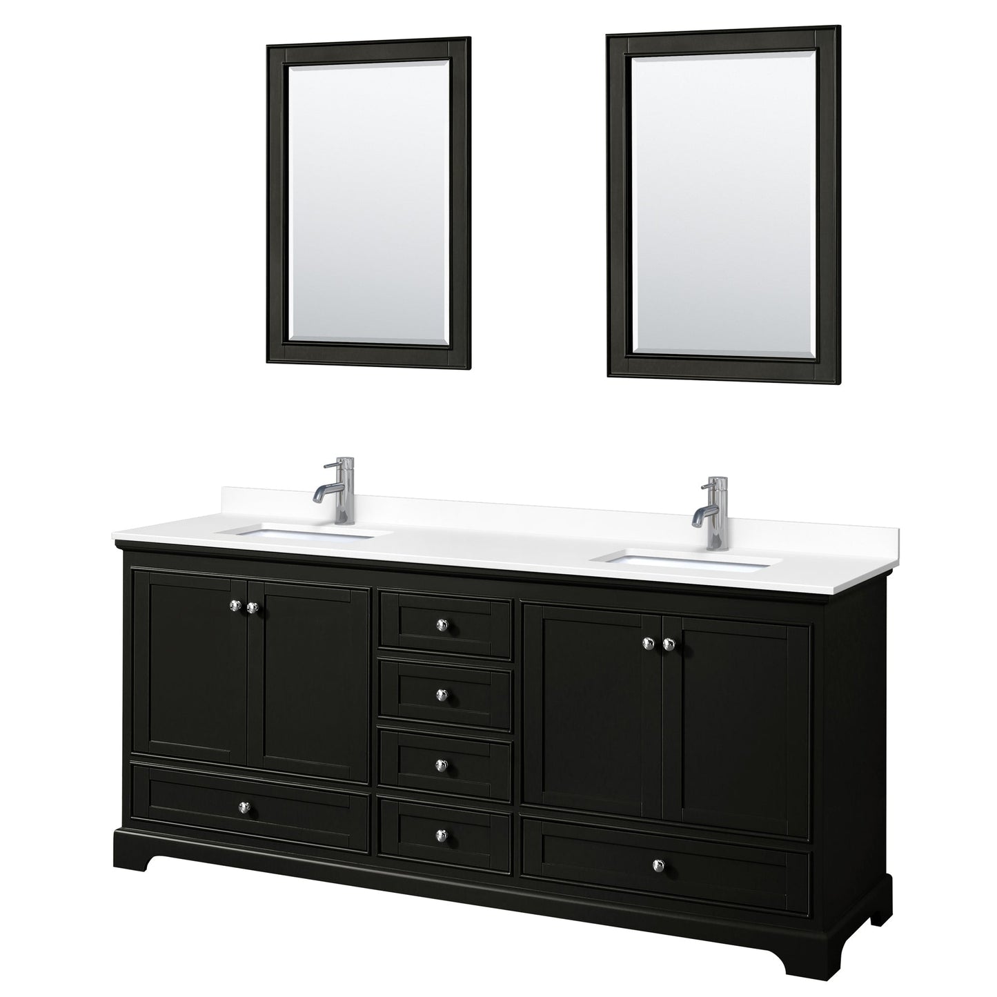 Wyndham Collection Deborah 80" Double Bathroom Vanity in Dark Espresso, White Cultured Marble Countertop, Undermount Square Sinks, 24" Mirror