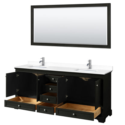 Wyndham Collection Deborah 80" Double Bathroom Vanity in Dark Espresso, White Cultured Marble Countertop, Undermount Square Sinks, 70" Mirror