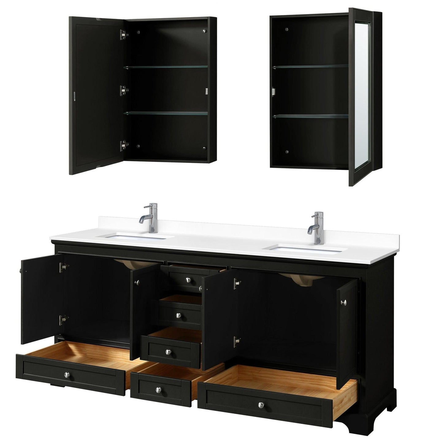 Wyndham Collection Deborah 80" Double Bathroom Vanity in Dark Espresso, White Cultured Marble Countertop, Undermount Square Sinks, Medicine Cabinet