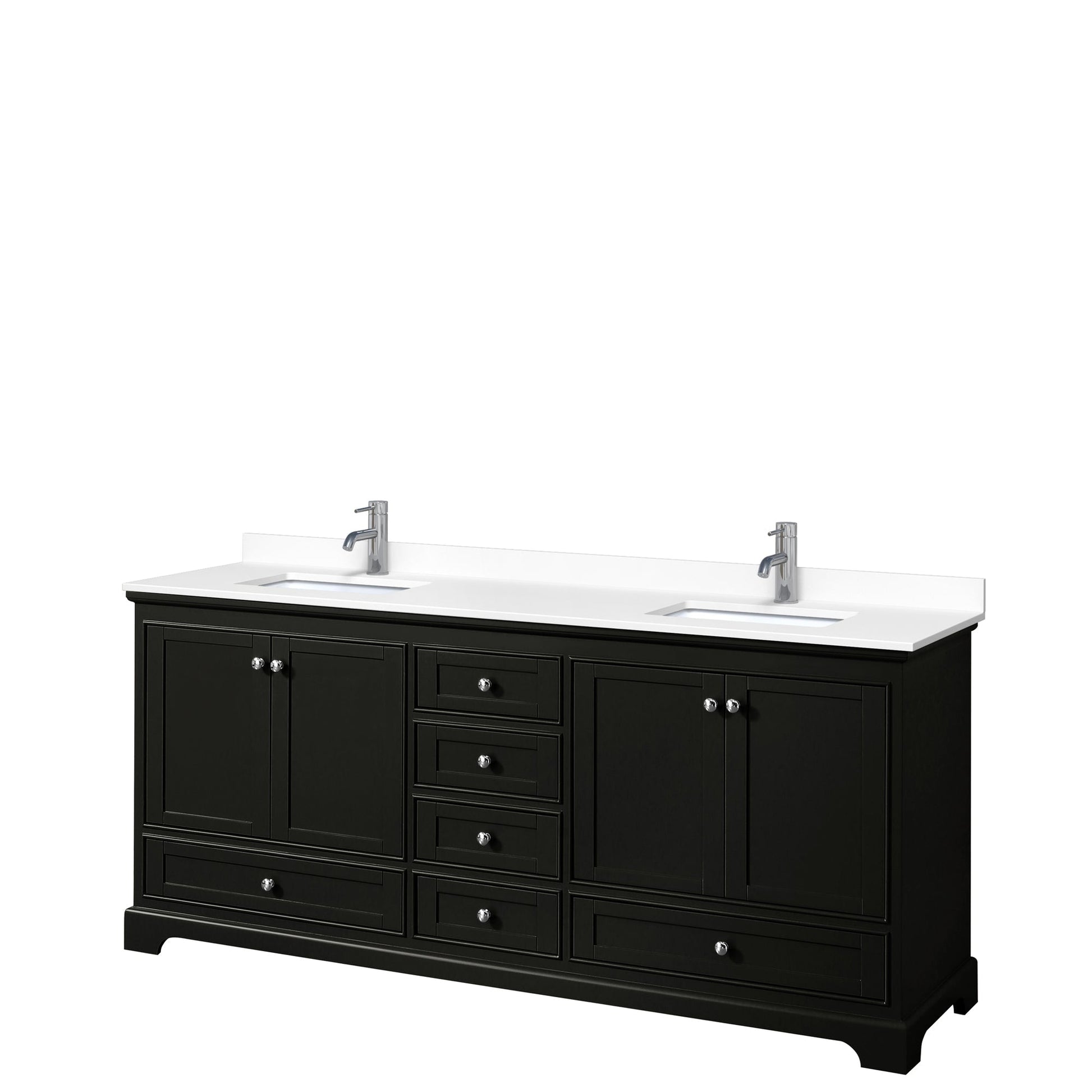 Wyndham Collection Deborah 80" Double Bathroom Vanity in Dark Espresso, White Cultured Marble Countertop, Undermount Square Sinks, No Mirror
