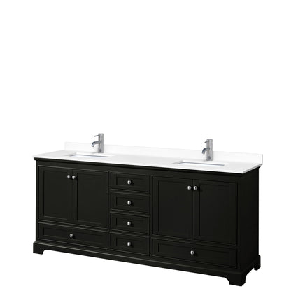 Wyndham Collection Deborah 80" Double Bathroom Vanity in Dark Espresso, White Cultured Marble Countertop, Undermount Square Sinks, No Mirror