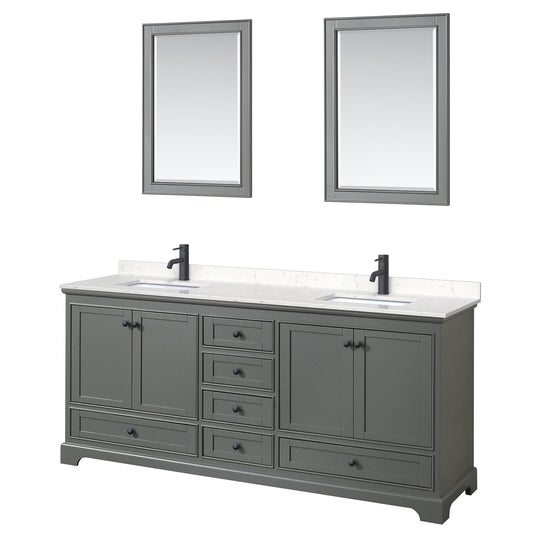Wyndham Collection Deborah 80" Double Bathroom Vanity in Dark Gray, Carrara Cultured Marble Countertop, Undermount Square Sinks, Matte Black Trim, 24" Mirrors